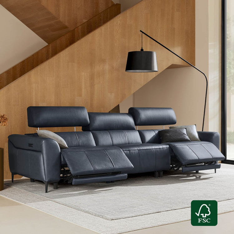 Murphy Premium Dual-Motor Zero-Wall Power Reclining Sofa in navy genuine leather, with adjustable headrest