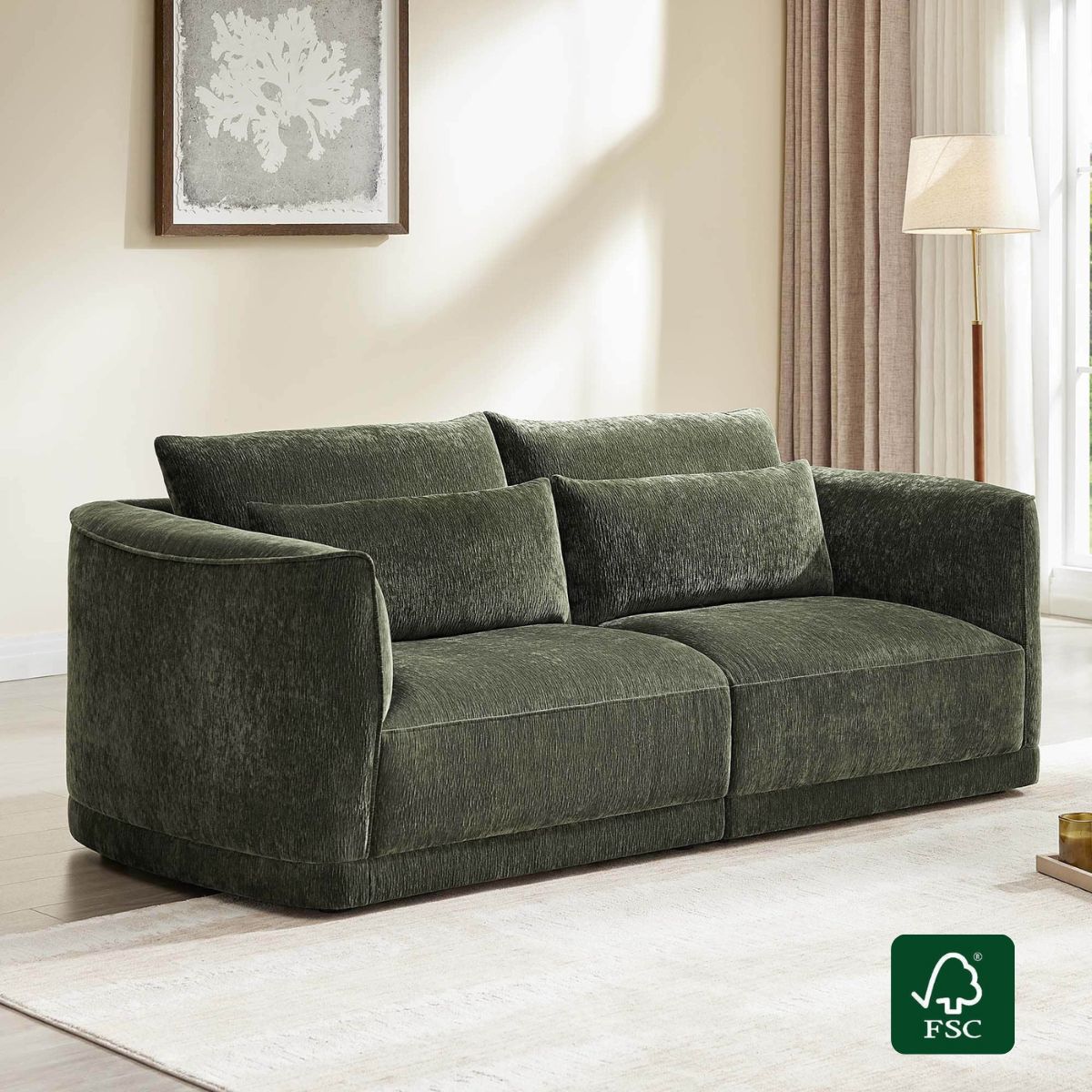Daisy 2-seat curved chenille sofa in forest green with plush down cushions and FSC-certified wood.