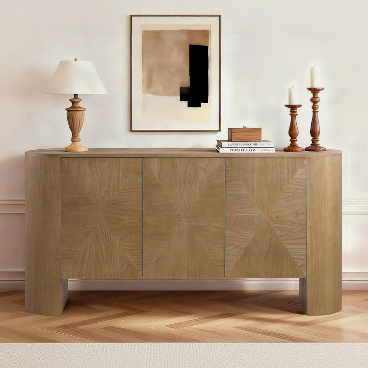 67'' Bryan wood pattern push-to-open sideboard with geometric ash wood doors and curved sides.