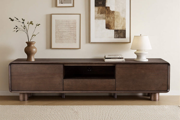 71" Eason Vintage Oak TV Stand with drawer and open shelf, dark brown finish.