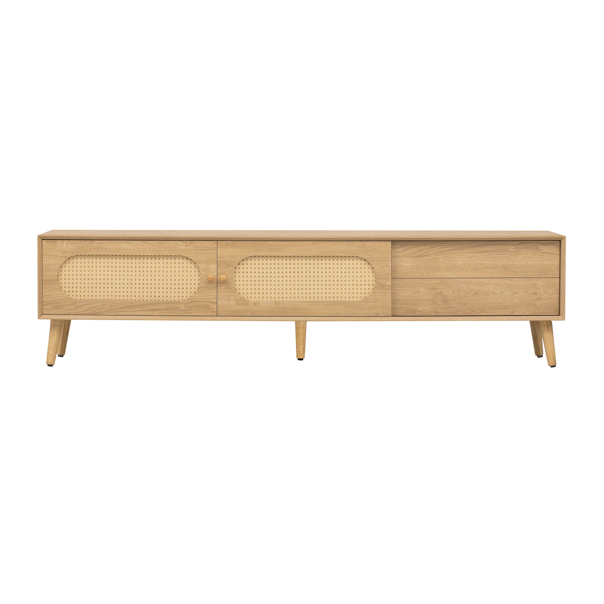 Right-angled front view of a light wood tv stand with rattan doors.