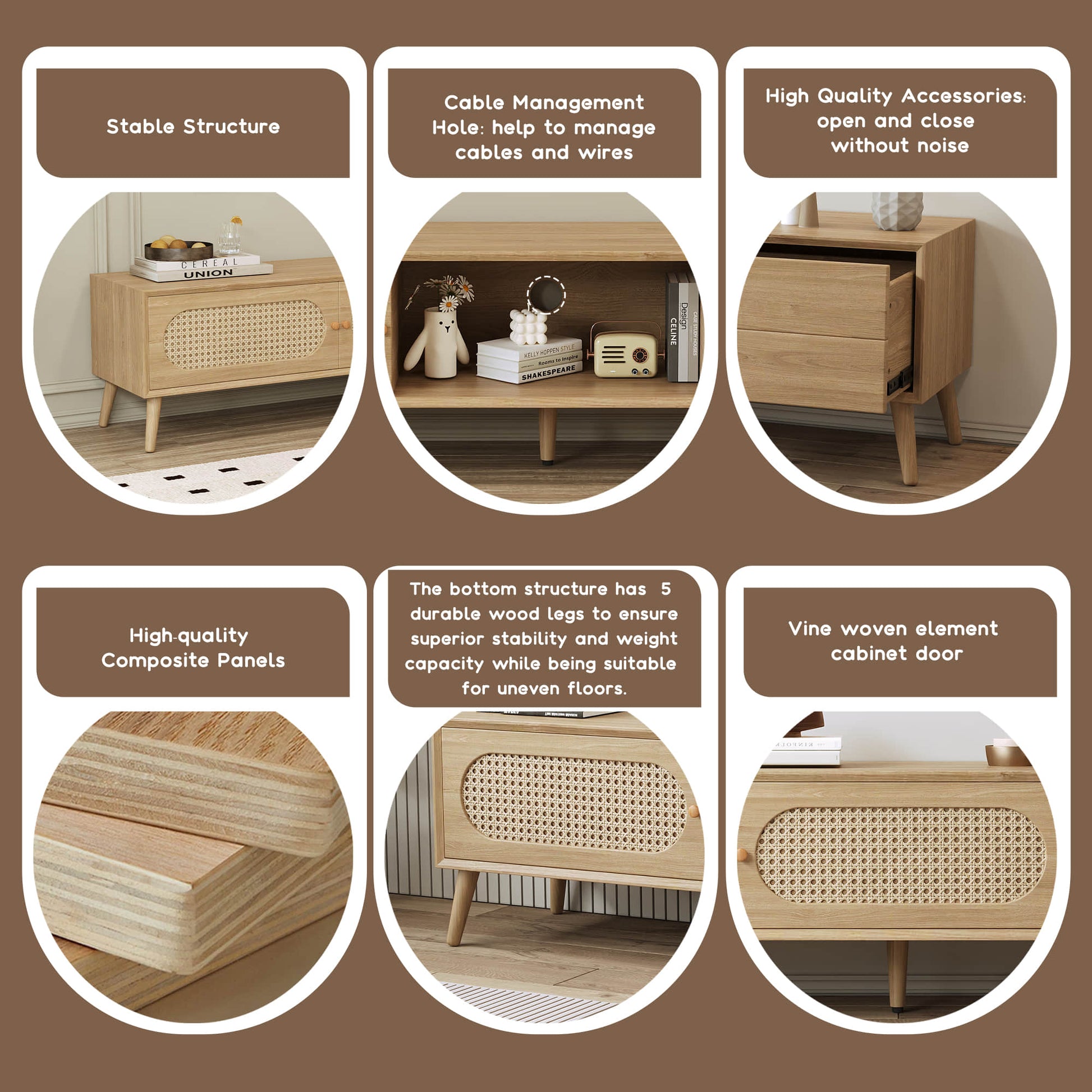 TV stand wood detailed features, close-ups of material and design.