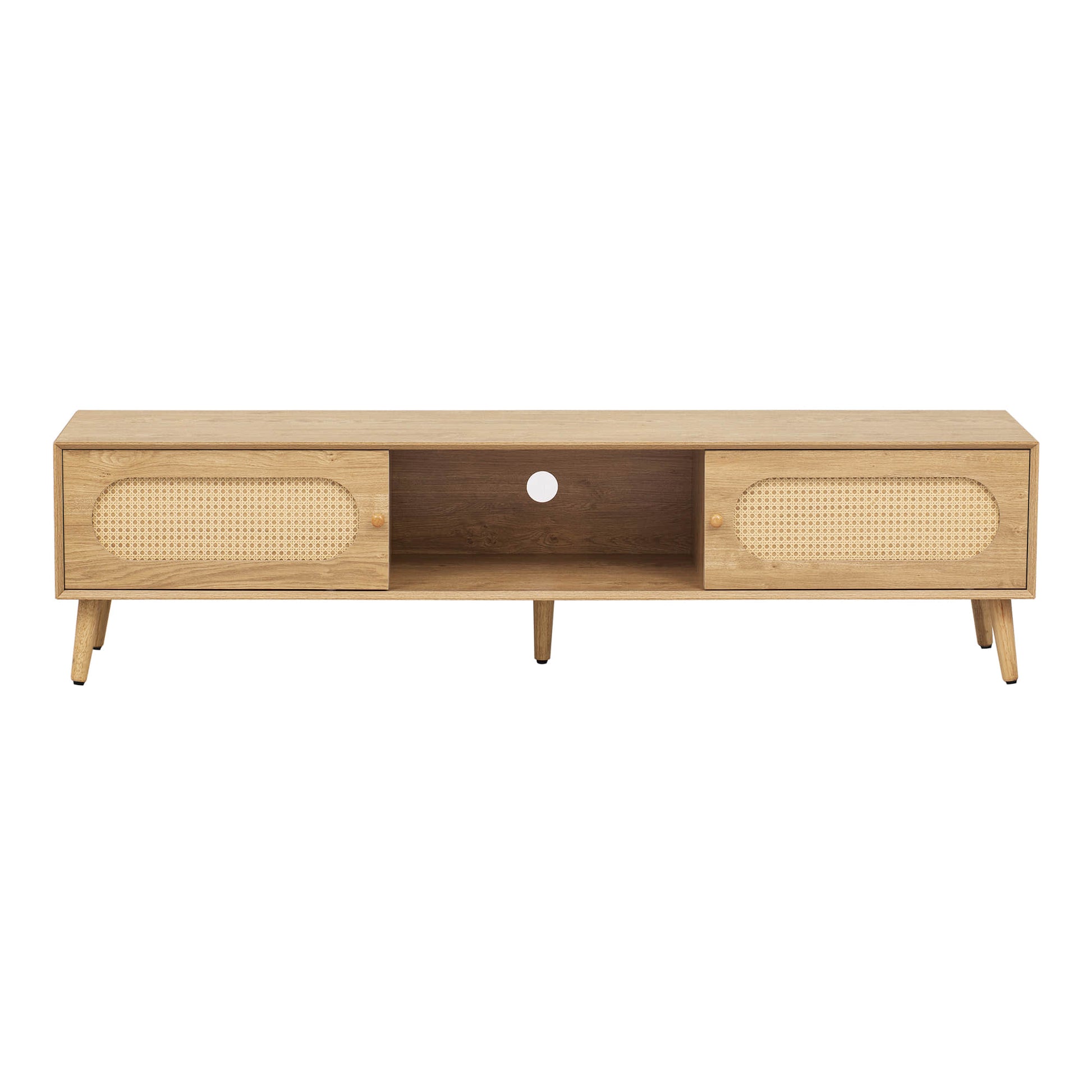 Light wood tv stand, central dark open shelf and rattan doors, front.