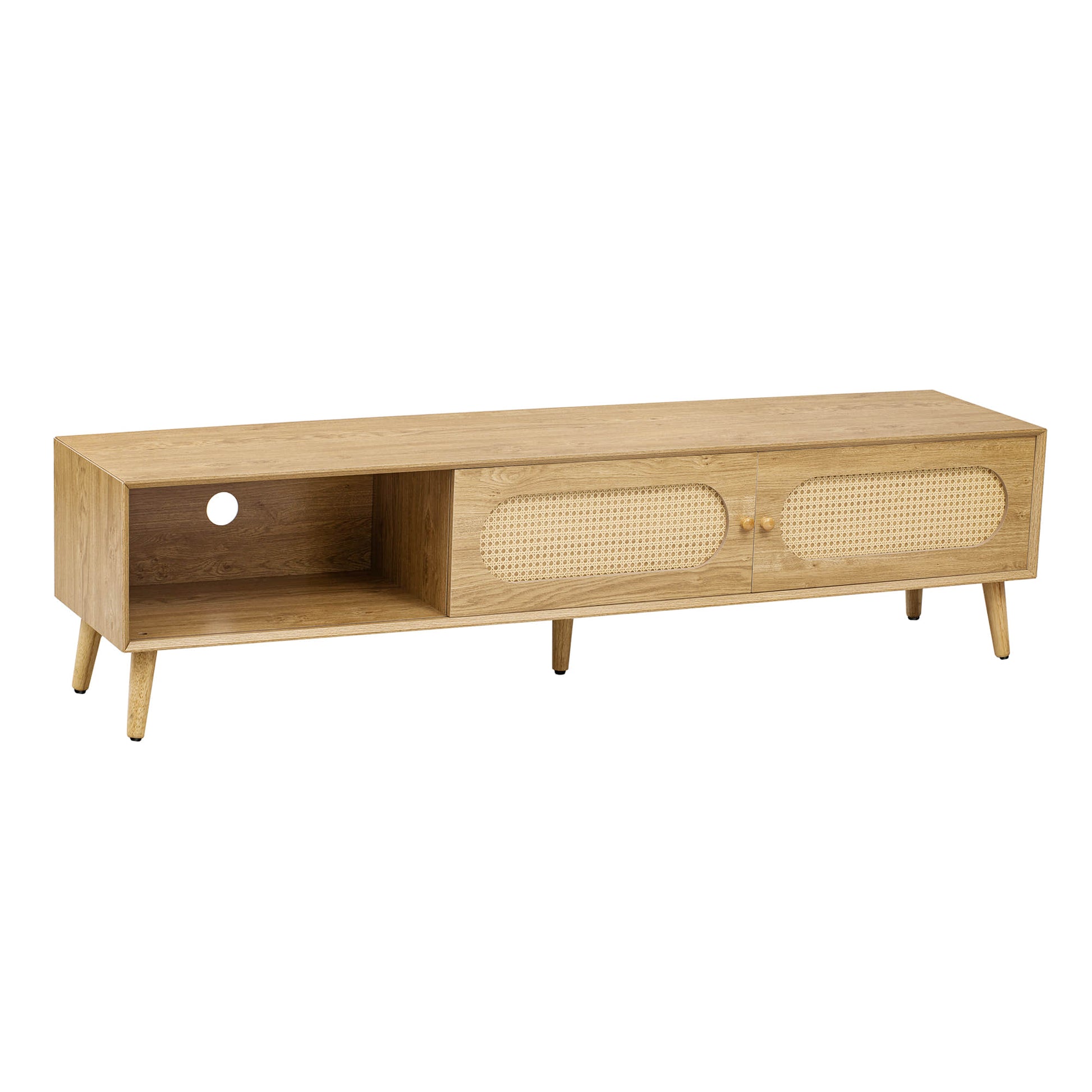 Right view of wood tv stand with dark open shelf and rattan door.