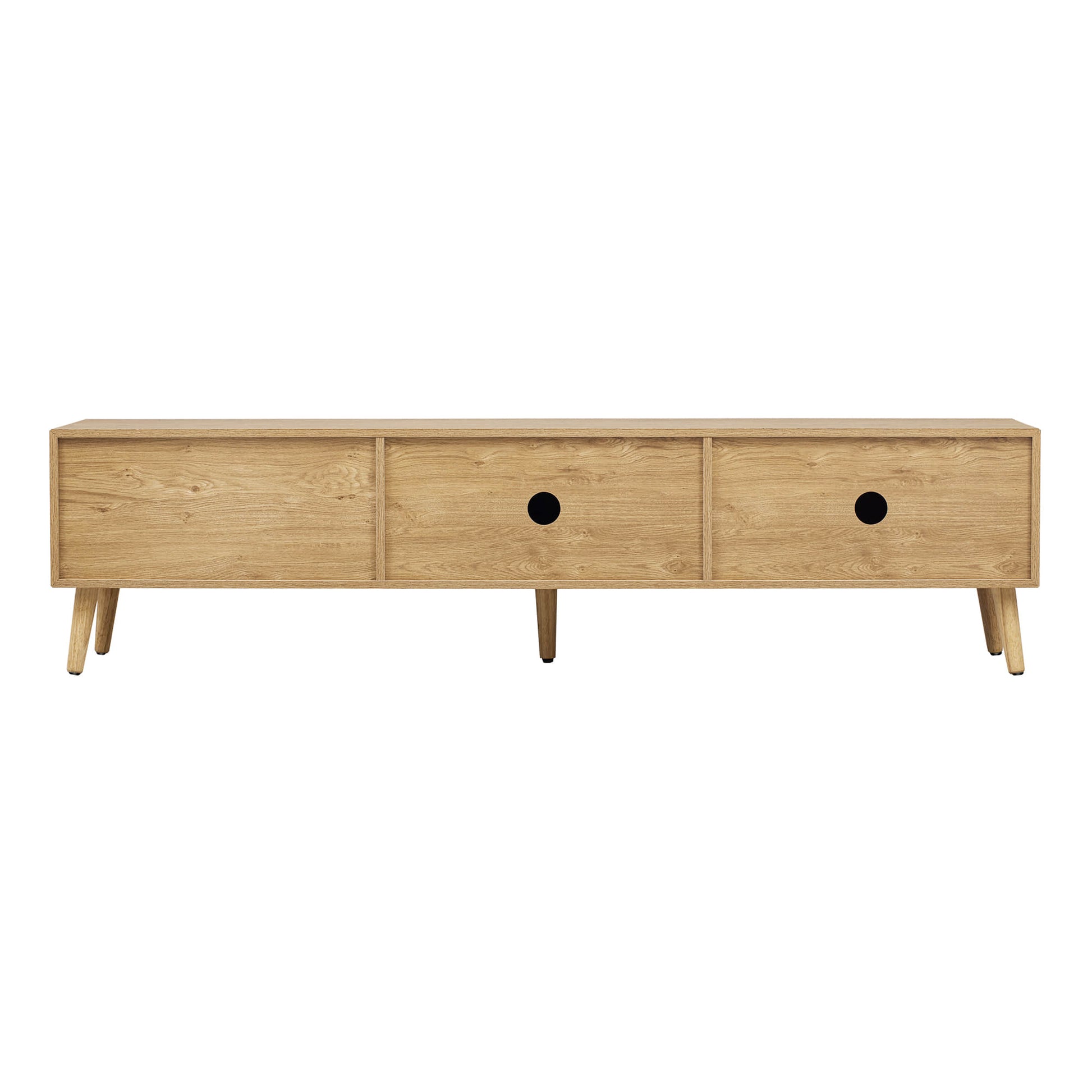 Back view of wood tv stand showing cable management holes.