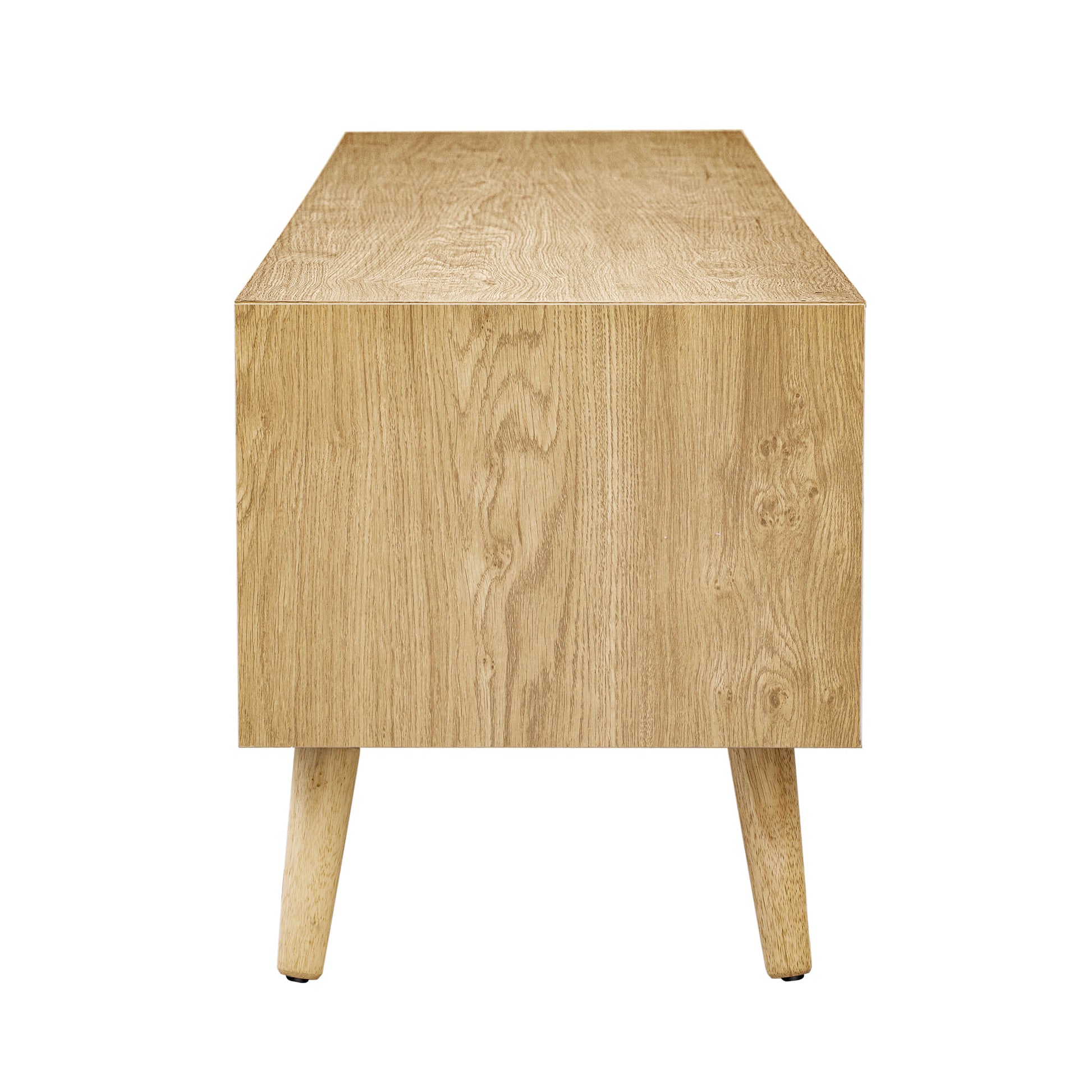 Side close-up view of light wood tv stand, showcasing grain detail.