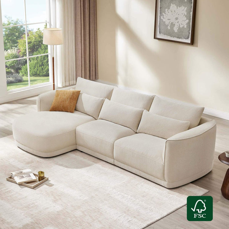 Daisy 3-Seat Curved Chenille Sectional Sofa in Linen with Chaise and Down-Filled Cushions. FSC Certified.