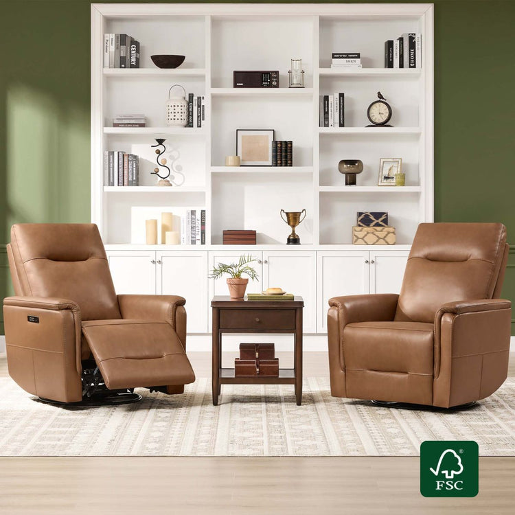 Jaxon warm brown leather swivel glider power recliner with USB port in living room setting.