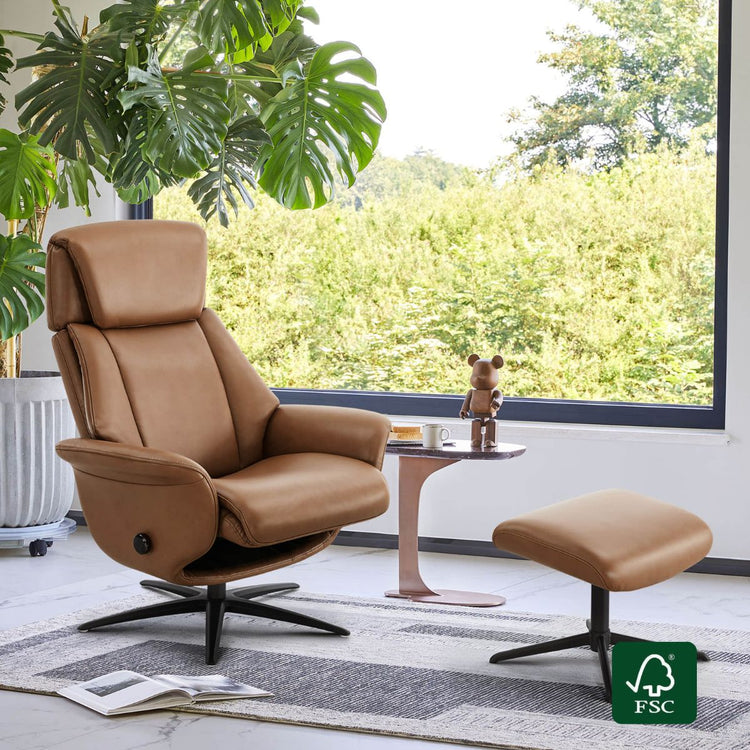 Leslie Genuine Leather Swivel Reclining Chair & Ottoman