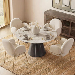 Camila round extendable sintered stone dining table with marble-look top and dark pedestal base