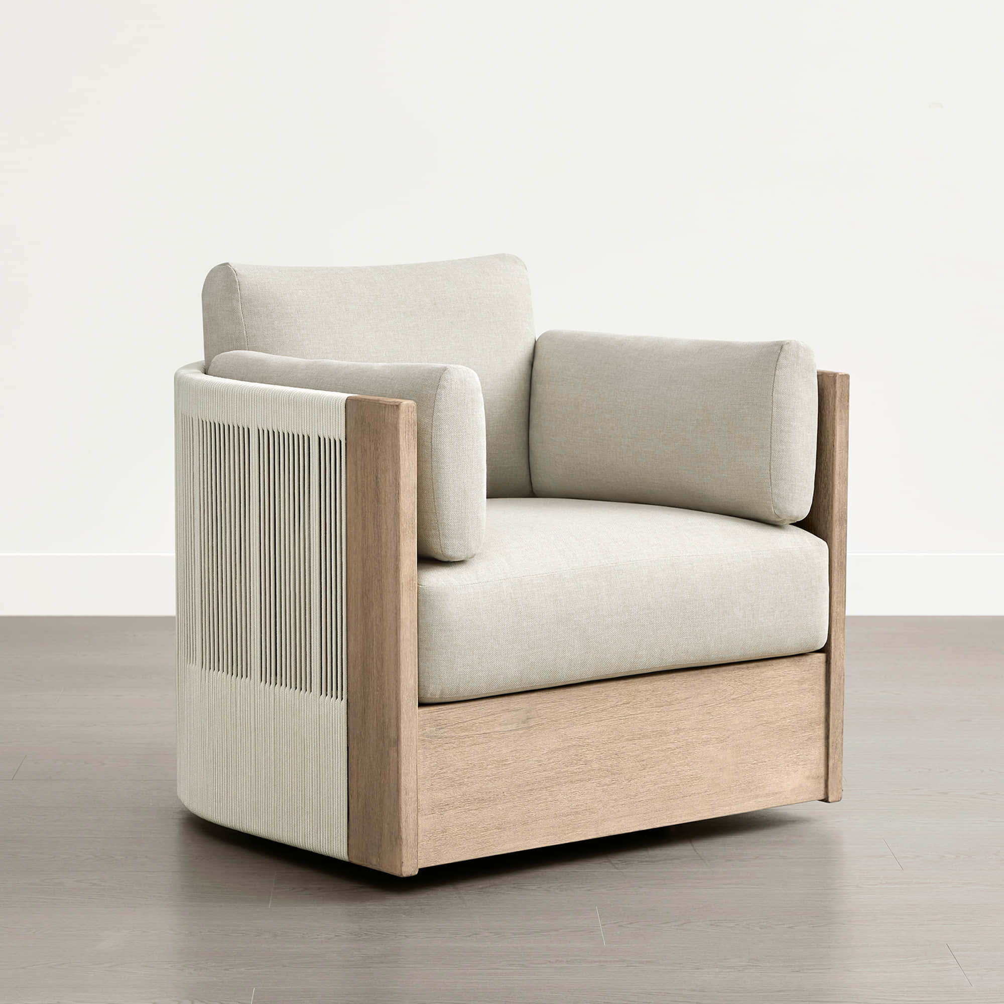 A Clover Acacia Wood Woven Outdoor Bistro Set with Swivel Chair, featuring a light wood frame and beige cushions.