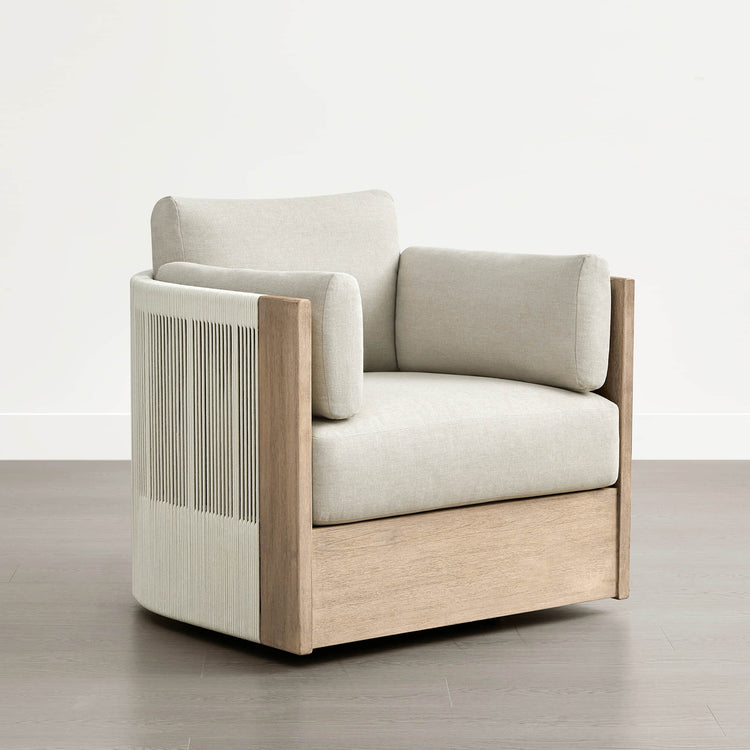 A Clover Acacia Wood Woven Outdoor Bistro Set with Swivel Chair, featuring a light wood frame and beige cushions.