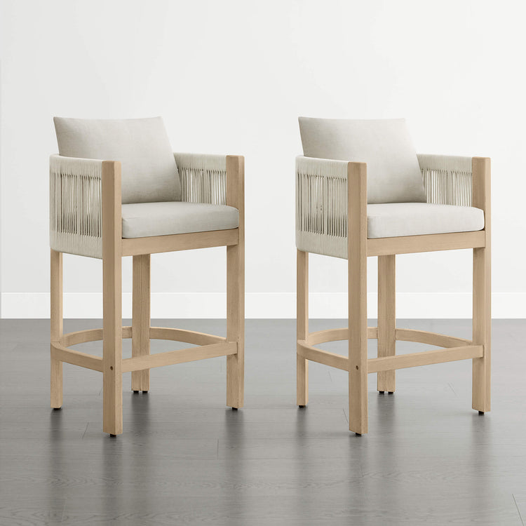 Clover Boho Counter Stool with acacia wood frame and woven rope back, perfect for modern kitchens and outdoor bars.