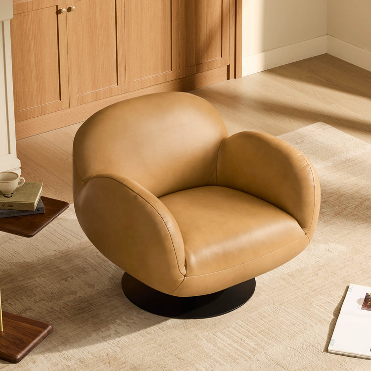 Cloud Puffy Genuine Leather Swivel Accent Chair