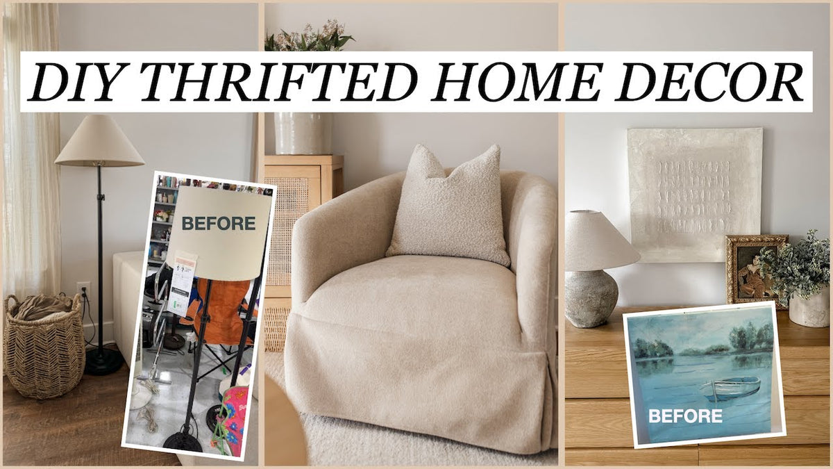 A cozy room with a plush armchair, showing before and after images of DIY thrifty home decor transformations.