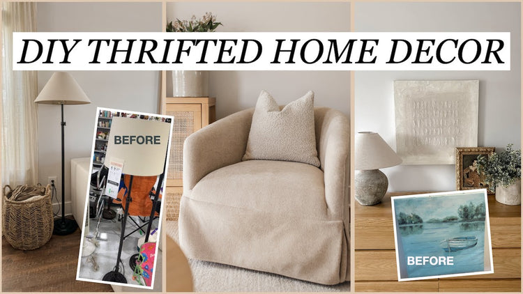 A cozy room with a plush armchair, showing before and after images of DIY thrifty home decor transformations.