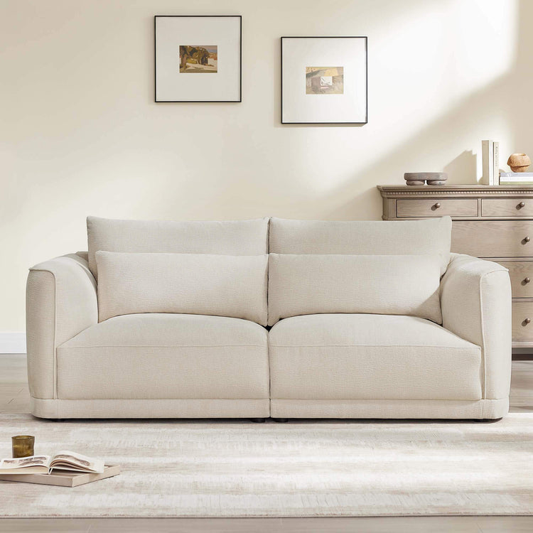 Daisy 2-seat curved chenille sofa with down-filled cushions in linen