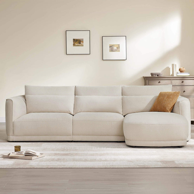 Linen Daisy 3-seat modular curved chenille sofa with chaise and down-filled cushions.