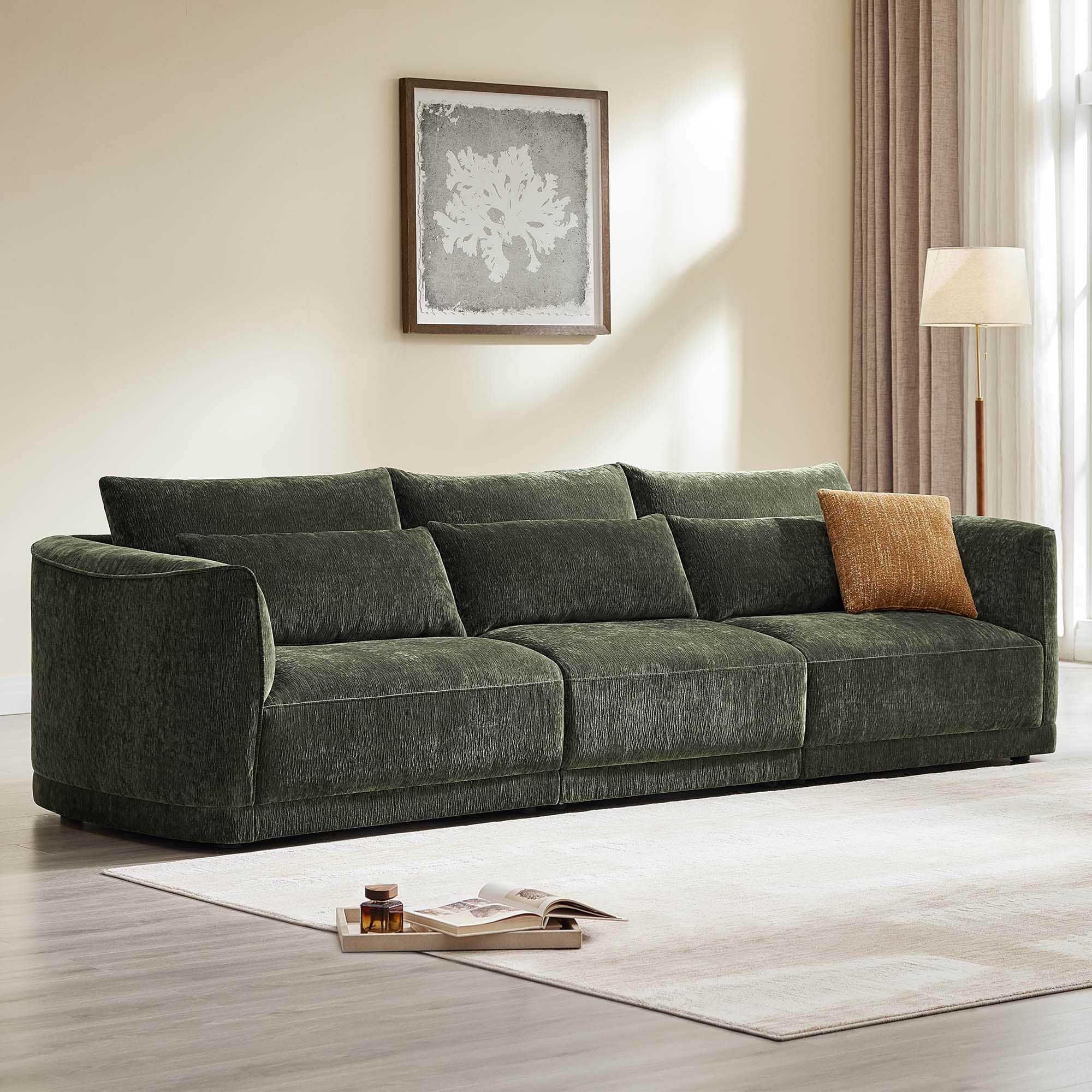 Daisy 3-Seat modular curved chenille sofa in forest green with down-filled cushions and decorative pillows.