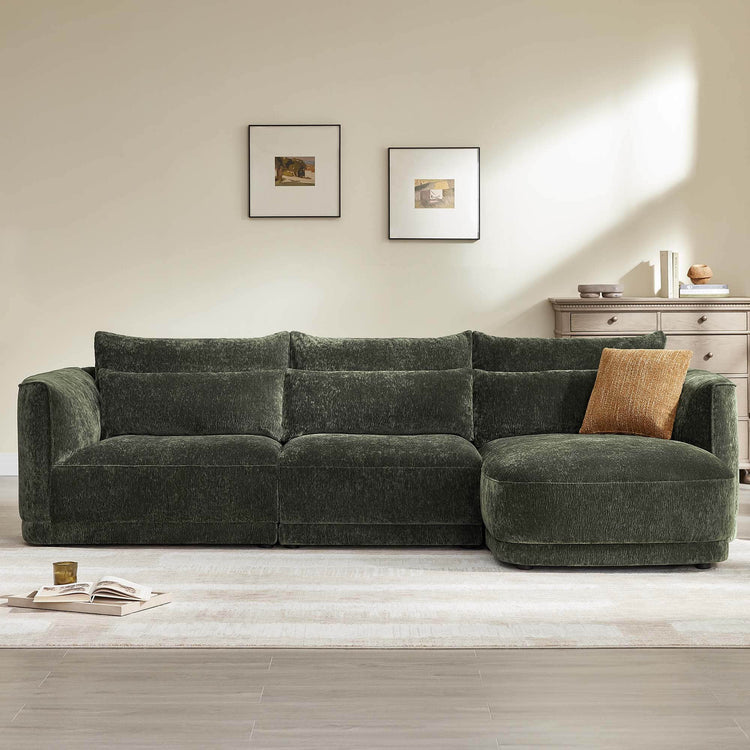 Daisy 3-seat modular curved chenille sectional sofa in forest green with chaise and down-filled cushions.