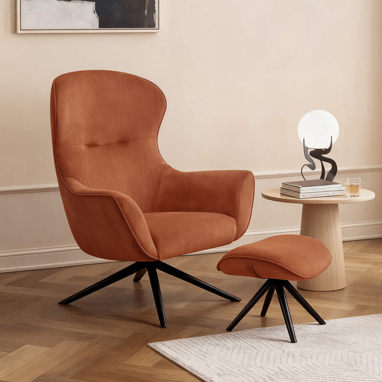 Dennis Wingback Reclining Chair & Ottoman set in rust-orange short-pile fabric on a swivel base.