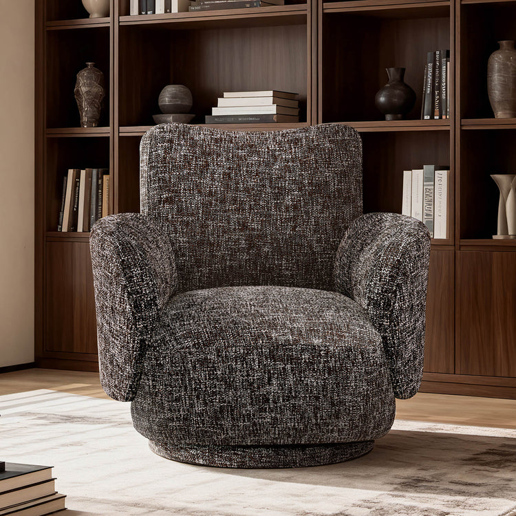 Gloria Modern Swivel Armchair, textured plum linen-blend fabric, rounded design.