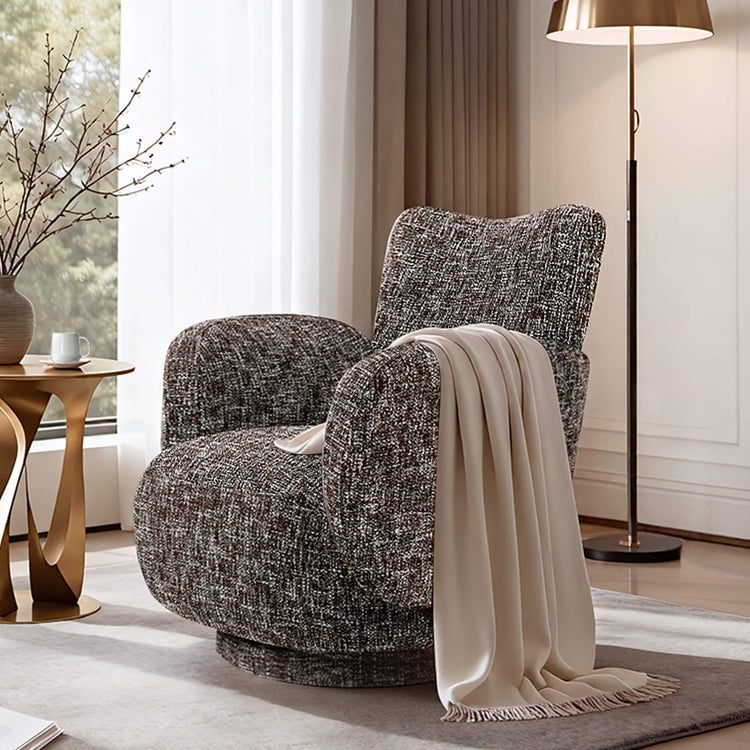 Gloria Modern Swivel Armchair in textured purple-red linen-blend fabric with rounded silhouette and 360° swivel base.