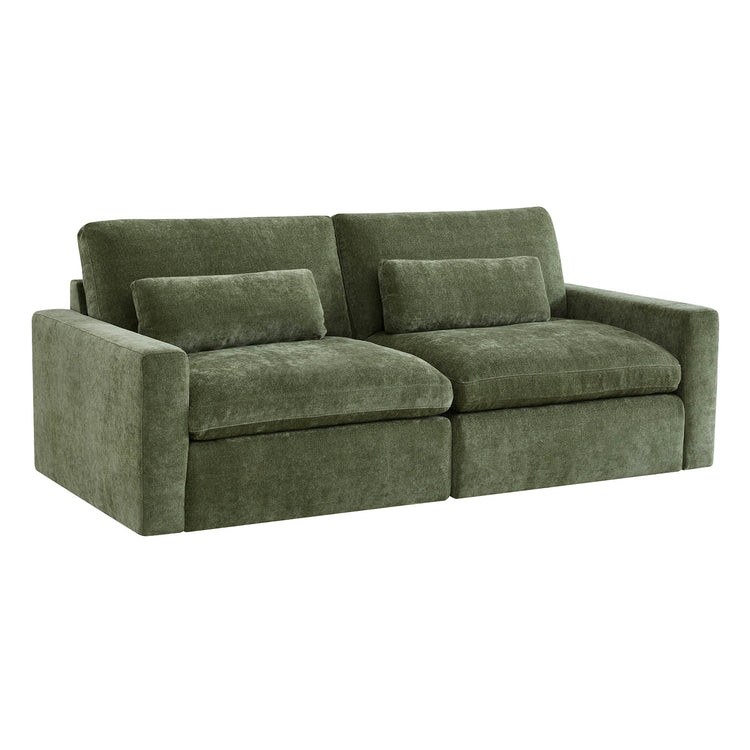 Ivy 2-seat modular sofa in moss green performance fabric with plush cushions.