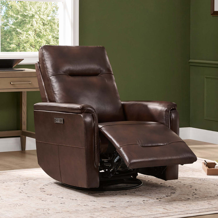 Jaxon brown leather recliner with extended footrest and USB charging ports in modern living room.