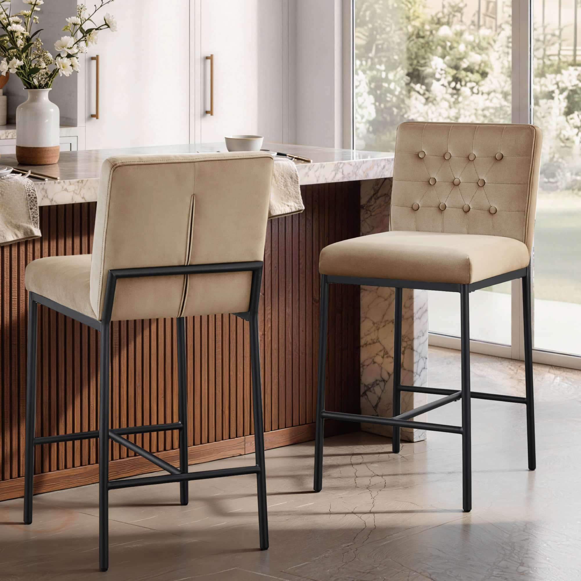 Layla Retro Tufted Counter Stool, toffee velvet, metal base, set of 2