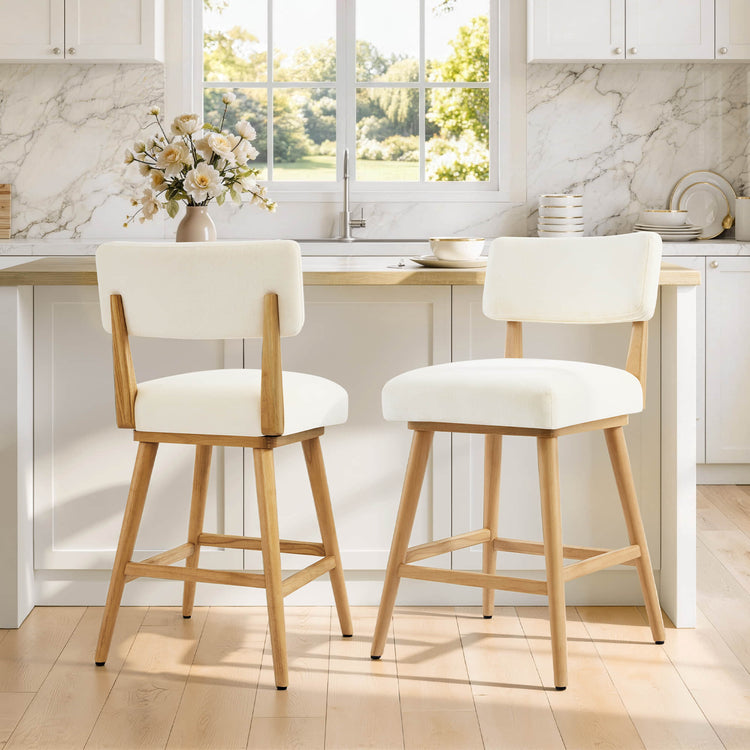 Lovy modern wood base swivel bar stools in off-white fabric, set of 2.