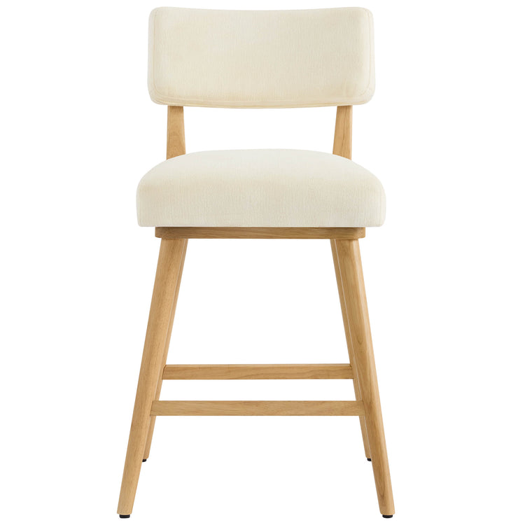 Cream upholstered bar stool with curved backrest and natural wood base