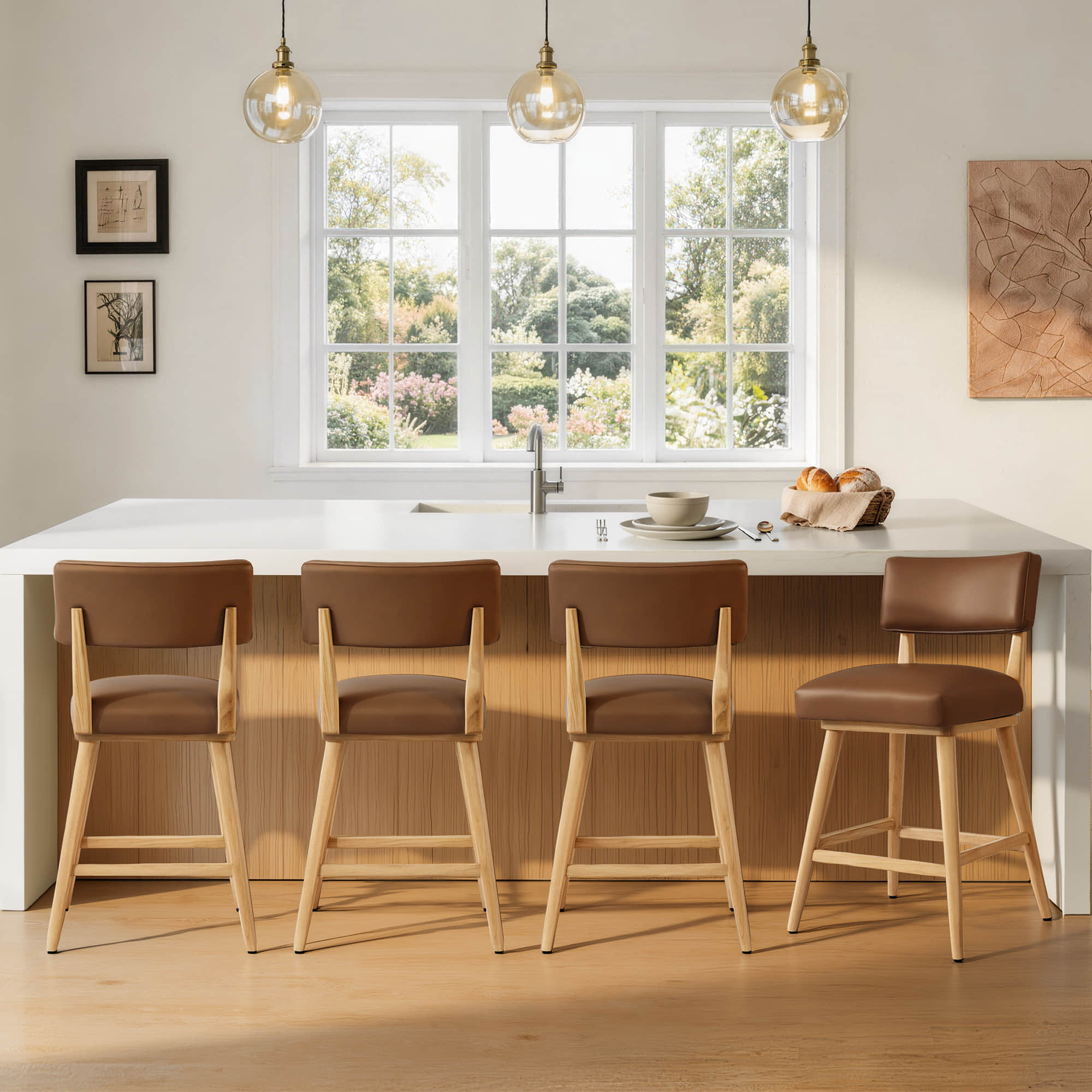 Lovy modern swivel bar stools, brown upholstery, wood base.