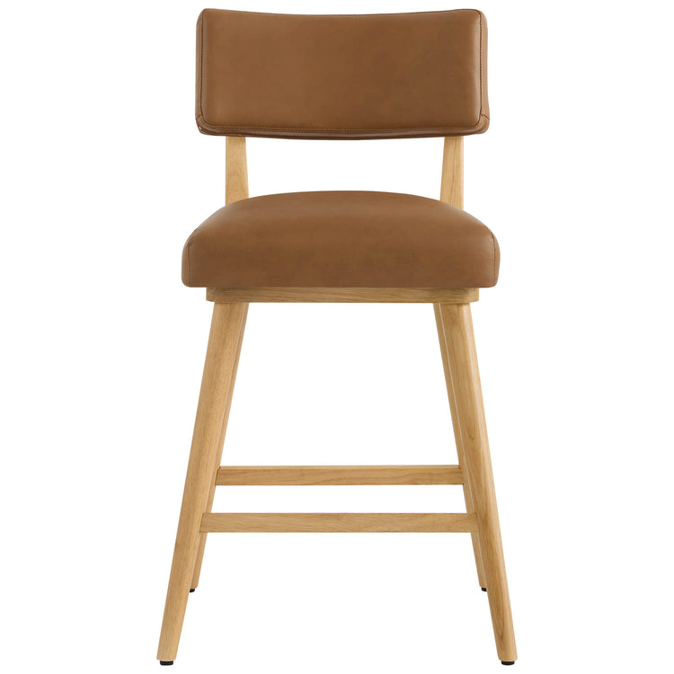 Modern wood base swivel bar stool with brown upholstered seat and backrest