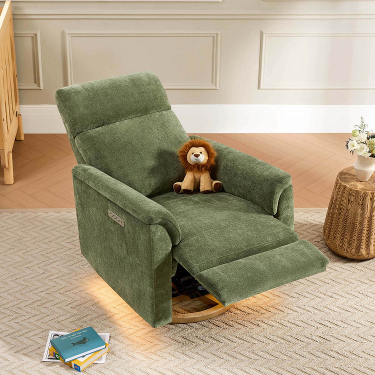 Moss green Lulla power glider recliner, reclined with footrest, textured boucle, illuminated base, lion toy, nursery setting.