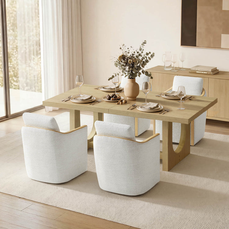 Dining table set with chairs in a modern living room