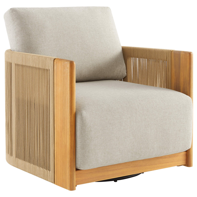 Marisol outdoor rope wood accent chair with hidden swivel base.