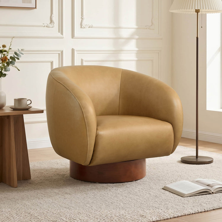 Maverick Genuine Leather Sculptural Wood Base Accent Chair