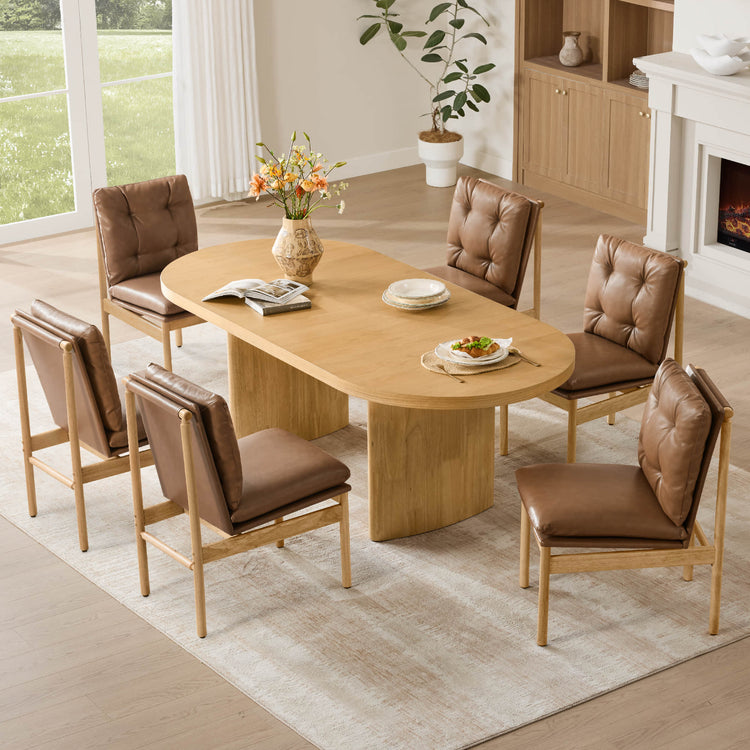 Merlin extendable wood dining table with oak veneer top and monolithic legs, surrounded by six brown leather dining chairs.