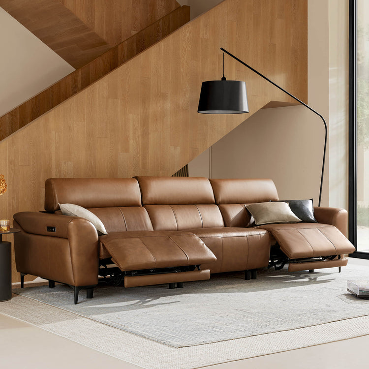 Murphy Premium brown genuine leather dual-motor zero-wall power reclining sofa with footrests extended.
