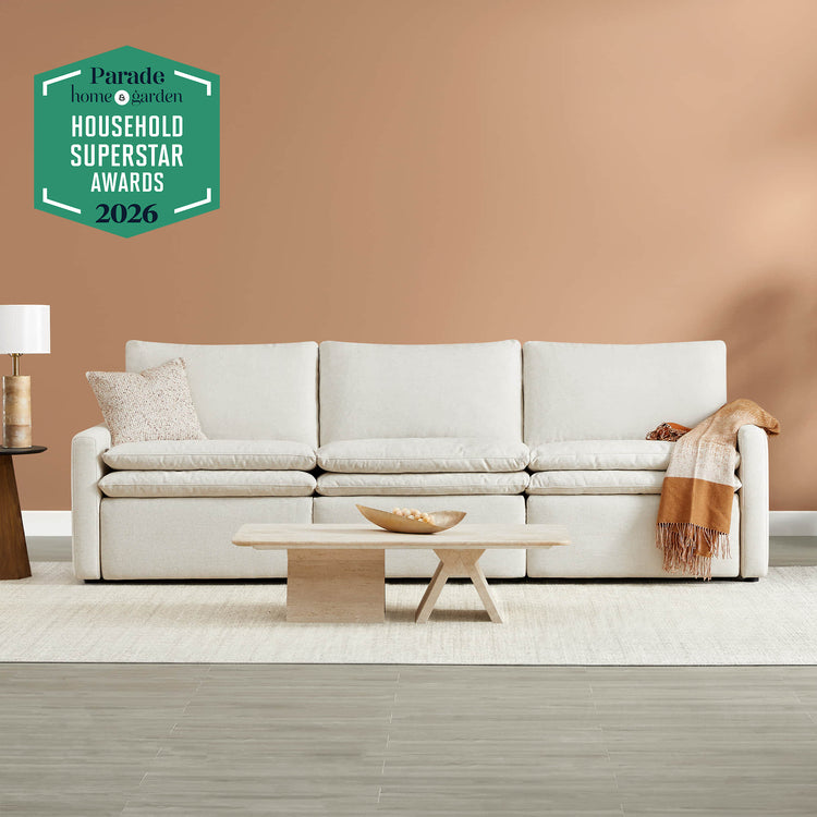Light beige Ohana 3-Seat Motion Modular Sofa with decorative throw and coffee table - CHITA Living