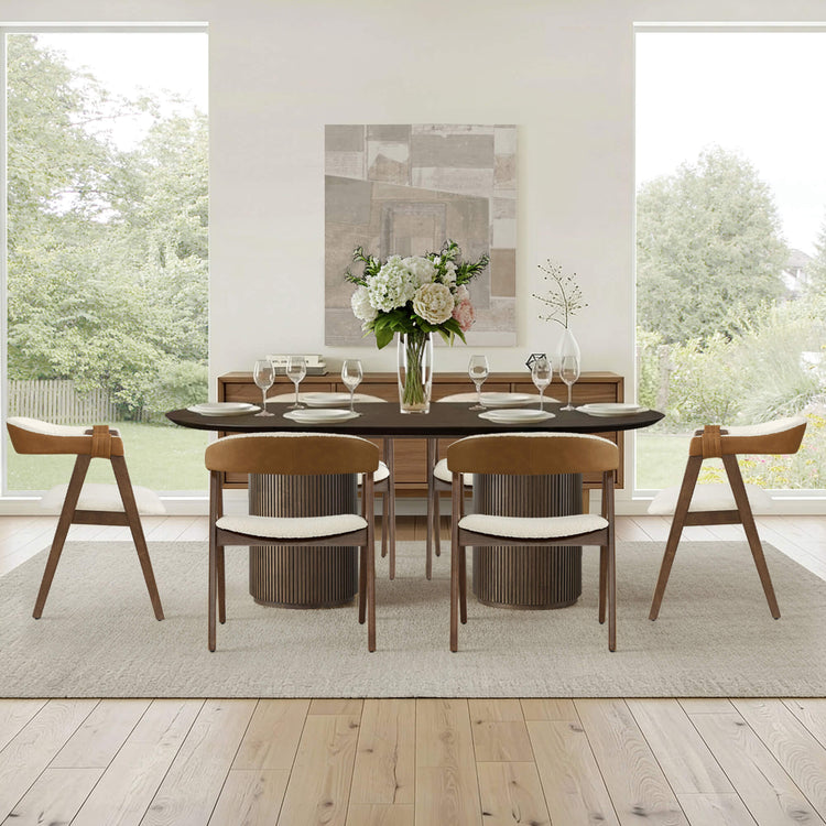 Winfred mid-century modern chenille dining chairs in walnut with brown leatherette backs, set of 2.