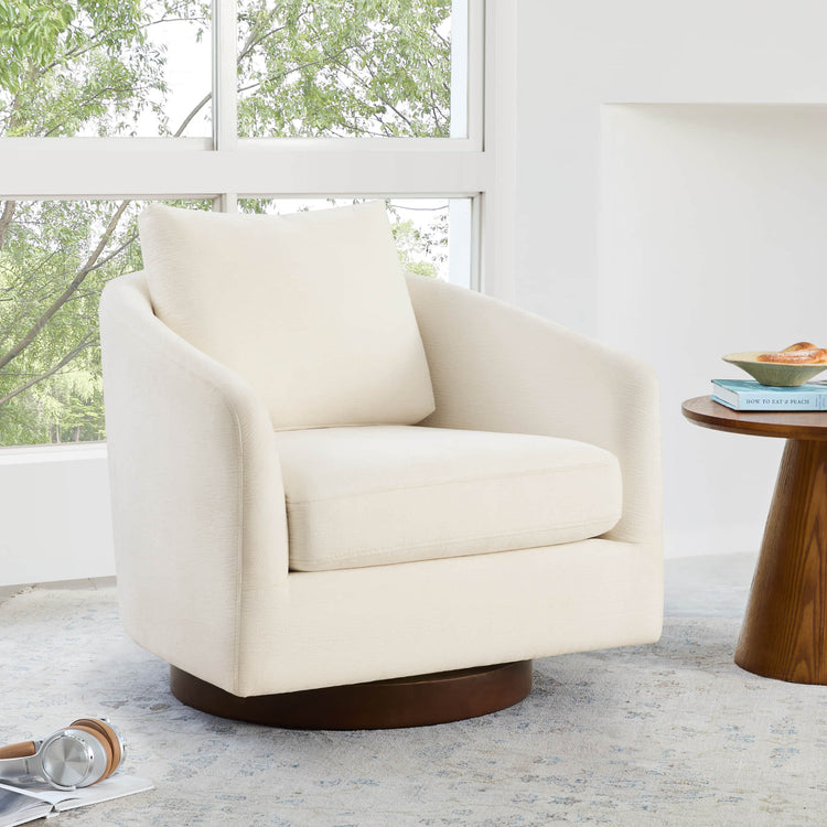 Wren Modern Swivel Accent Chair with Back Cushion in Cream Fabric