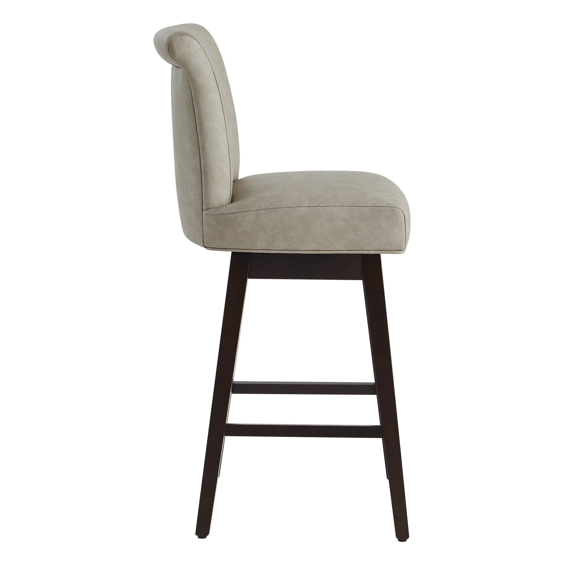Side view of Alina modern swivel bar stool in light beige suede with a high backrest - CHITA Living