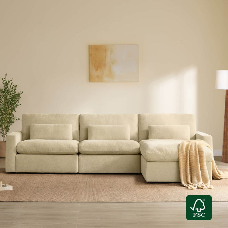 Ivy 4-seat beige performance fabric modular sectional sofa with chaise, plush cushions, and FSC certified frame.