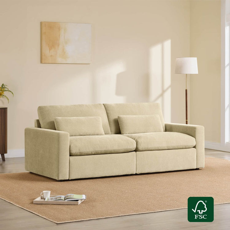 Ivy 2-Seat Performance Fabric Modular Sofa in beige with plush cushions and lumbar pillows on a neutral rug.