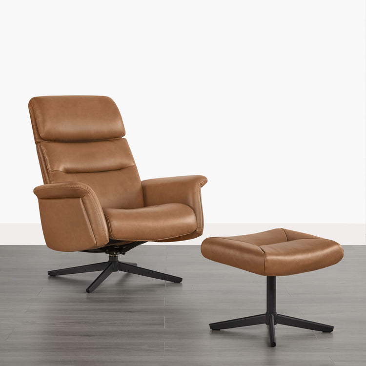 Cary genuine leather swivel recliner chair and ottoman in saddle brown