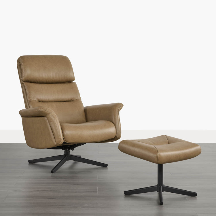 Brown genuine leather Cary recliner chair and ottoman with 360° swivel base