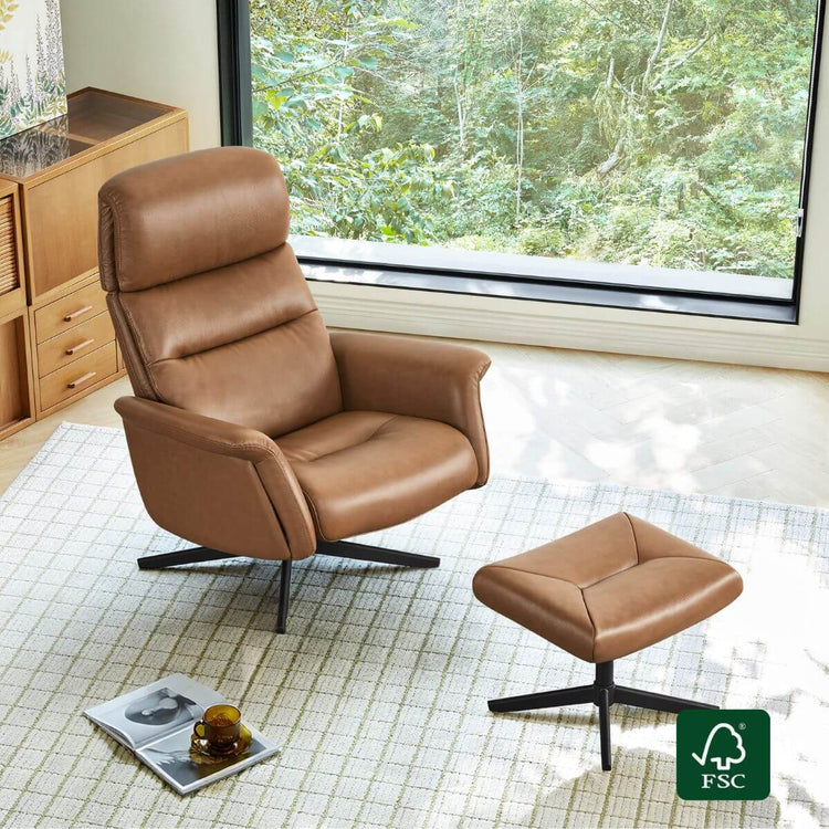 Brown genuine leather swivel reclining chair and ottoman set with adjustable headrest and matching ottoman.