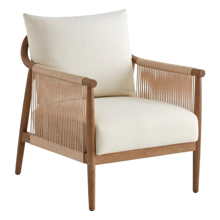 A modern armchair with a wooden frame, beige rope detailing, and a cream cushion.